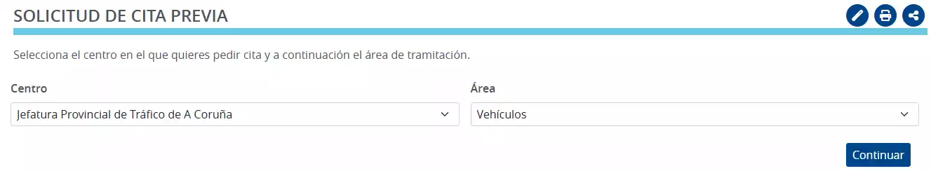 Seleccionar oficina y trámite para cita previa en la DGT
